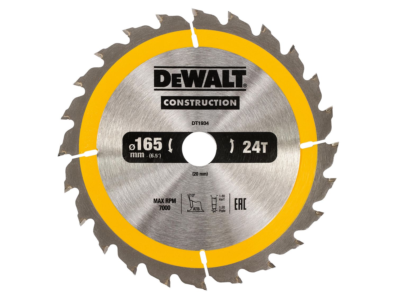 DEWALT DEWDT1934QZ Portable Construction Circular Saw Blade 165 x 20mm x 24T