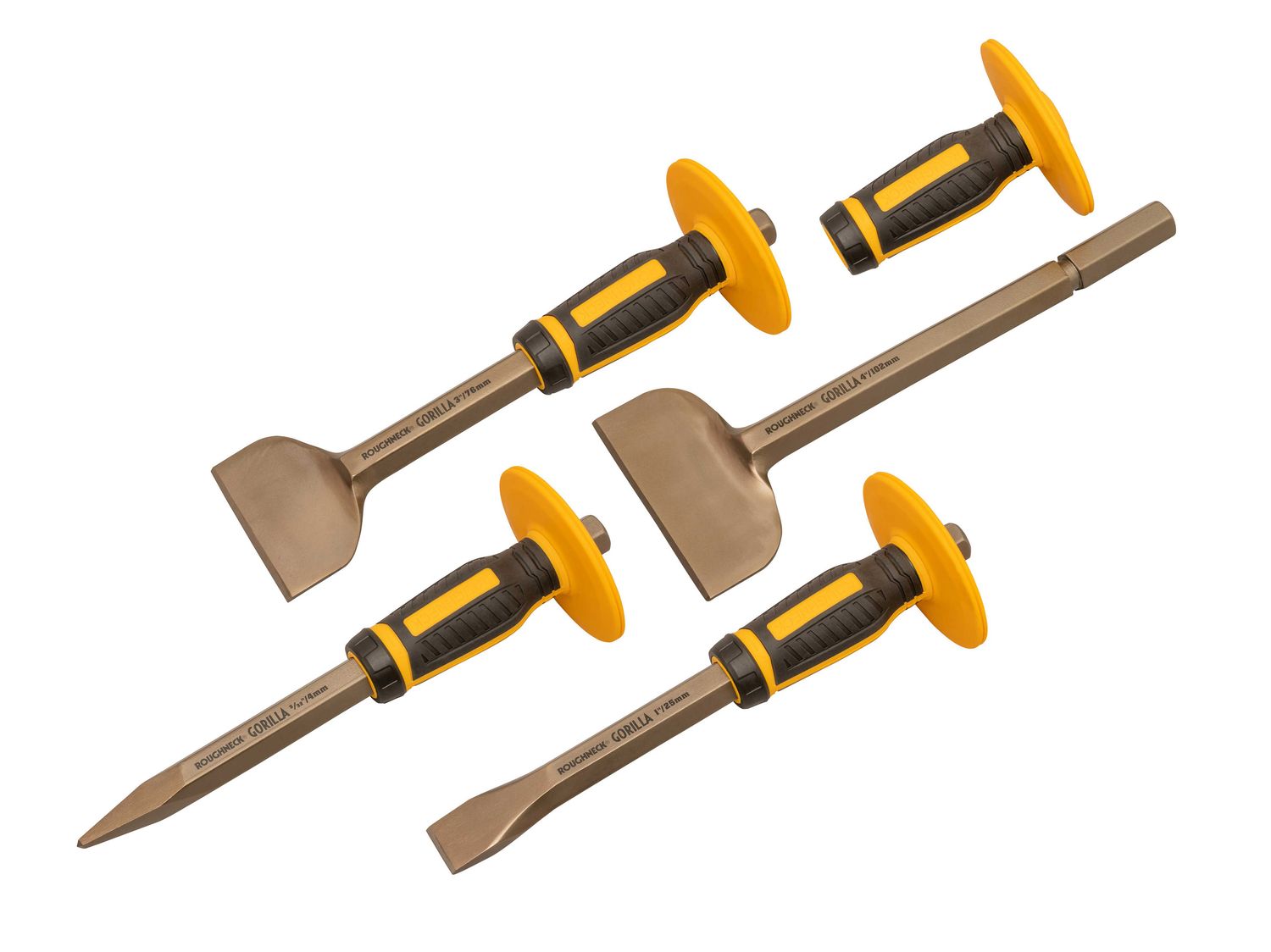 Roughneck ROU31934 Bolster &amp; Chisel Set with Non-Slip Guards, 4 Piece