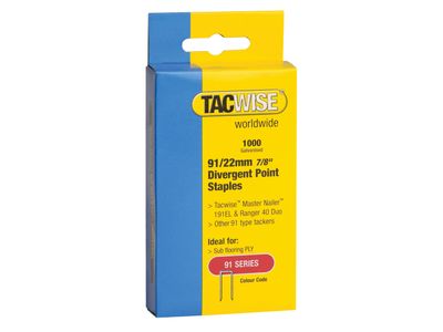 Tacwise TAC0288 91 Narrow Crown Divergent Point Staples 22mm - Electric Tackers (Pack 1000)