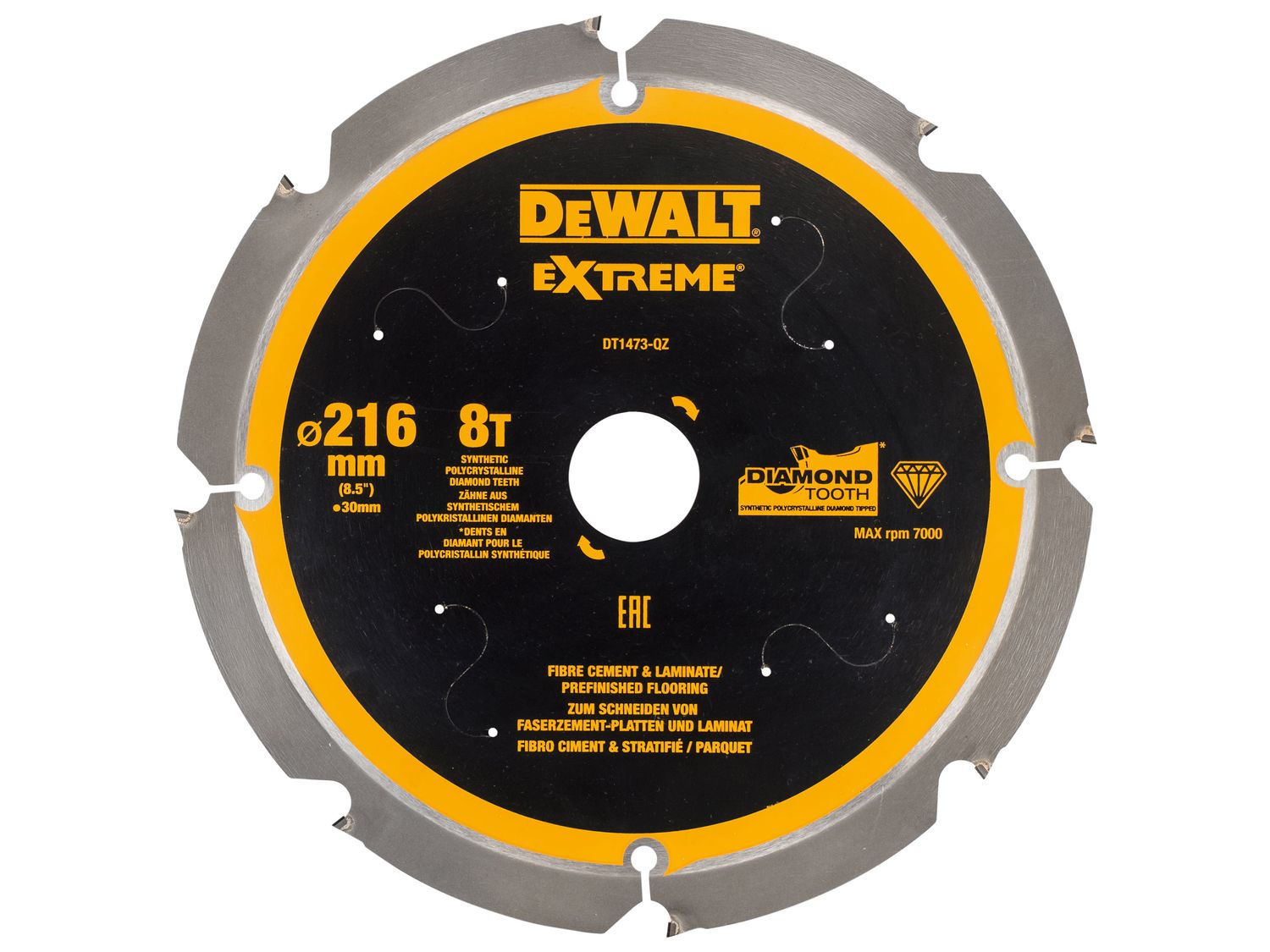 DEWALT DEWDT1473QZ Extreme PCD Fibre Cement Saw Blade 216 x 30mm x 8T