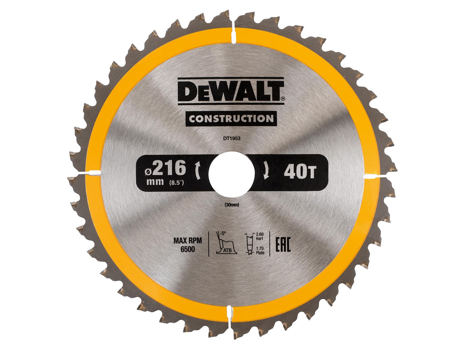 Dewalt DT1953 Stationary Construction Circular Saw Blade 216 x 30mm x 40T ATB/Neg