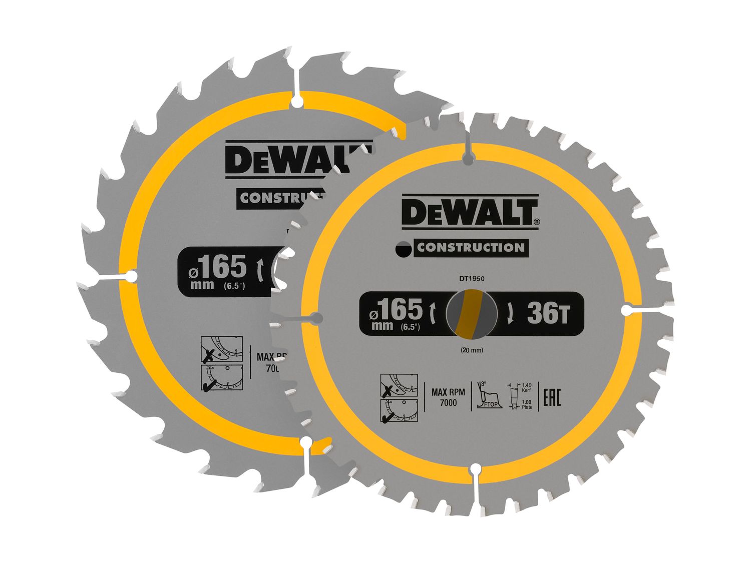 DEWALT DEWDT90270QZ DT90270 Construction Circular Saw Blade 2 Pack 165 x 20mm x 24T/36T