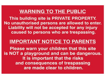 Scan SCA4251 Building Site Warning to Public &amp; Parents - PVC Sign 600 x 400mm