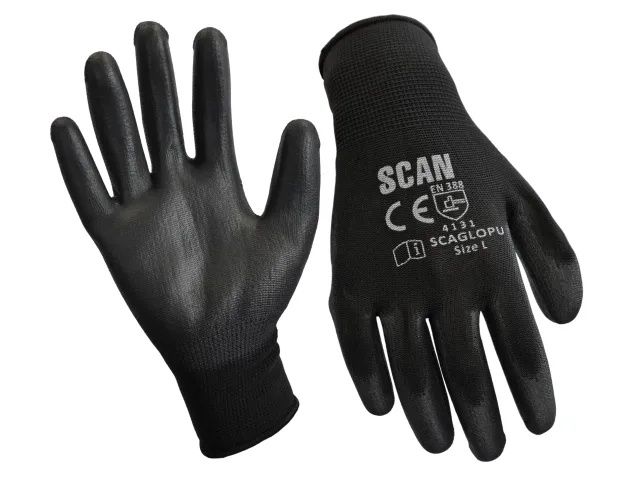 Scan SCAGLOPU12XL Black PU Coated Gloves - XL (Size 10) (12 Pairs)