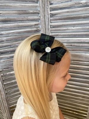 Tartan blauw/groen dubbele grote strik met steen op clip