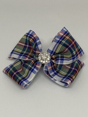 Tartan blauw/wit dubbele grote strik met steen op clip