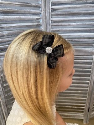 Tartan strik zwart/grijs dubbele strik met steentje op clip