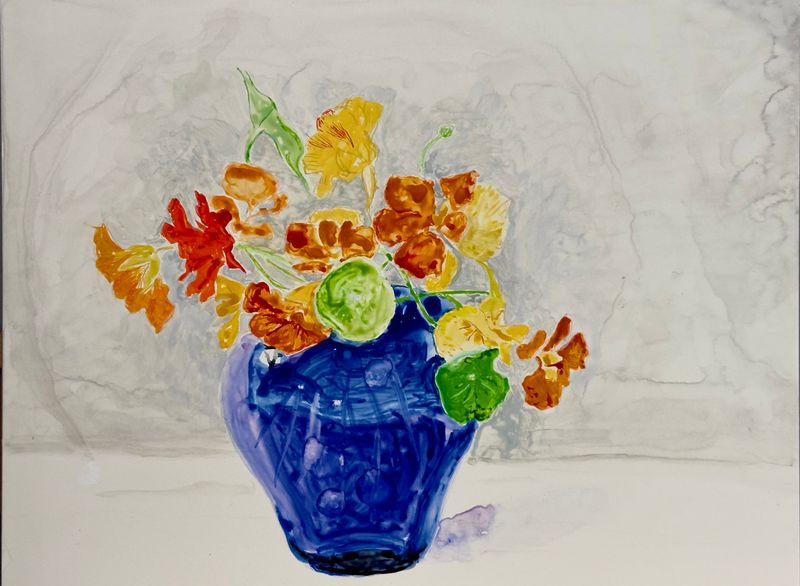 Nasturtiums in a blue vase 2