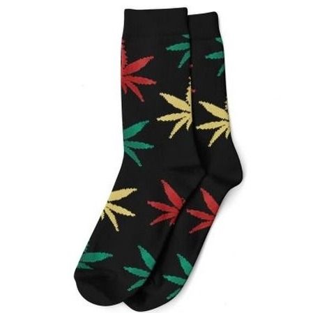 Hemp Socks Long, Design: Black + Rasta Leaves