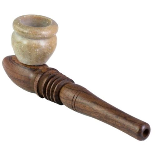 Wooden Pipe + Soapstone Head, 12cm