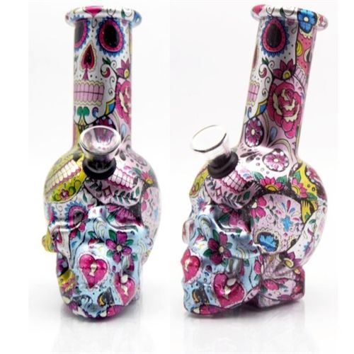 Flower-Power Skull Mini Glass Bong, 15cm