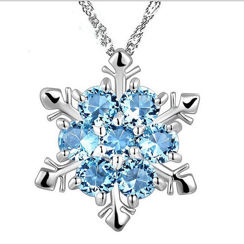 Blue Crystal Snowflake Frozen Flower Silver Necklace Pendant