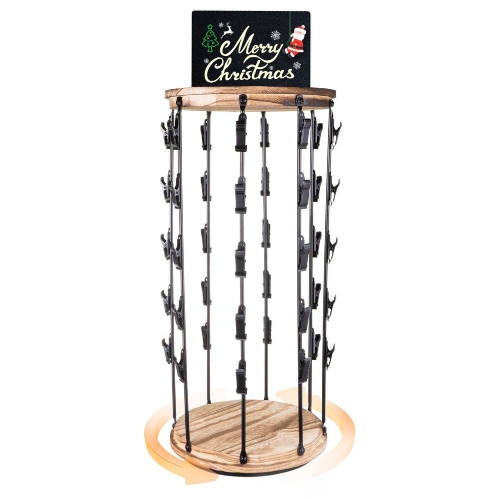 Chip Display Rack, 5 Rows 40 Clips Retail Display Stand, 360° Swivel Wooden Base, 1 Piece/Case