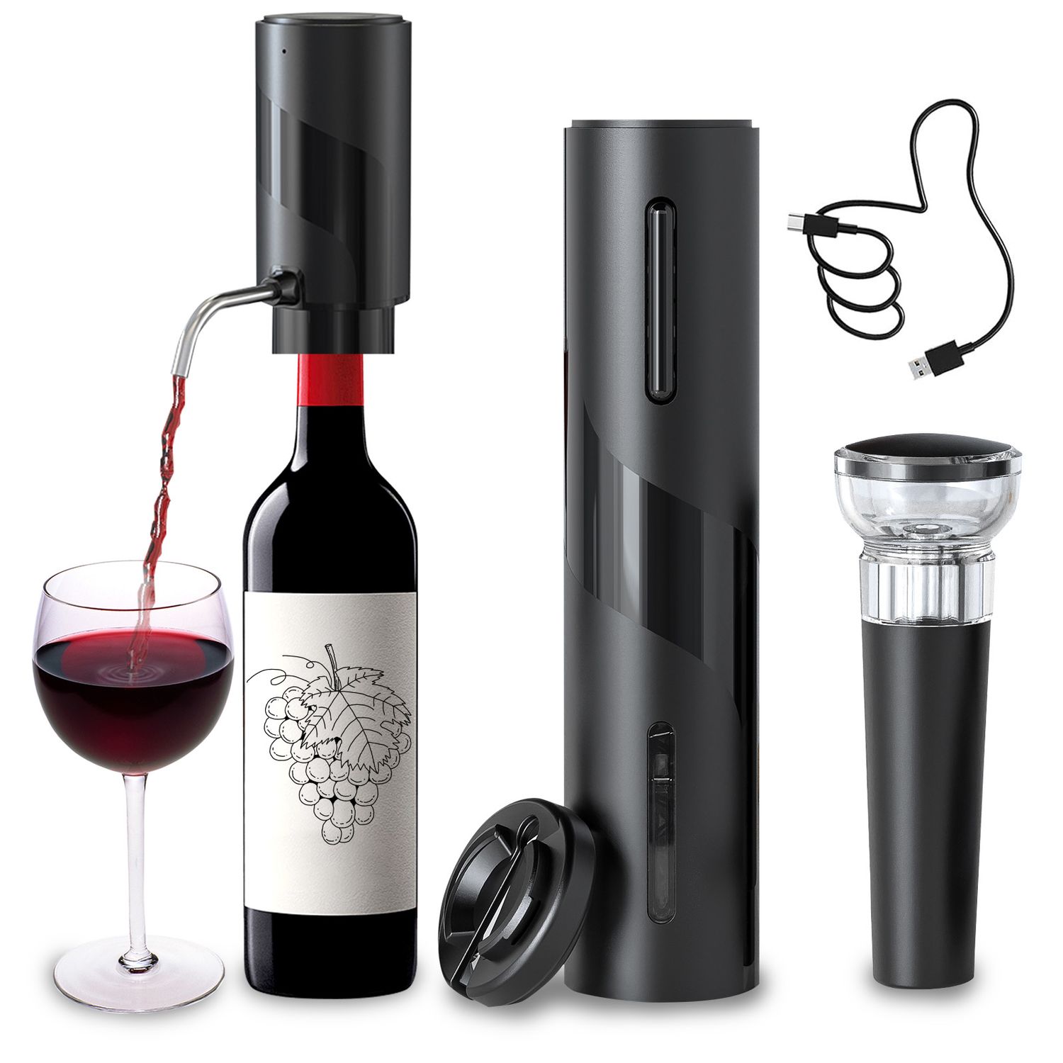 4-In-1 Electric Wine Bottle Opener Set, Automatic Wine Opener with Aerator And Dispenser, Foil Cutter, Vacuum Stopper