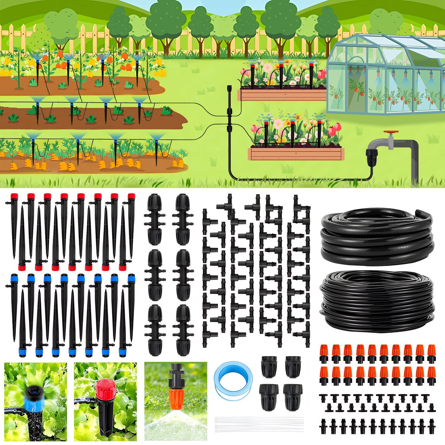 240FT Drip Irrigation System Kit, Garden Watering System, Micro Drip Irrigation Kit with 1/4&#39;&#39;1/2&#39;&#39; Tubing Hose, Adjustable Nozzle for Raised Garden Beds, Greenhouse, Lawn