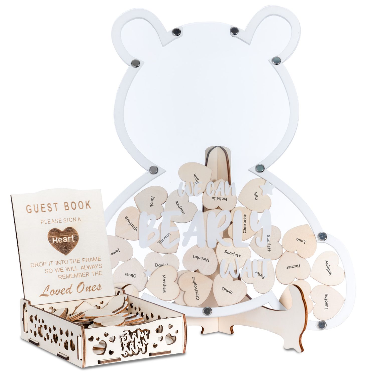 Baby Shower Guest Book Bear, Guest Book Alternatives with 80 Wooden Hearts, We Can Bearly Wait Baby Shower Decorations, Reception Table Centerpiece Supplies for Birthday, Party, Keepsake