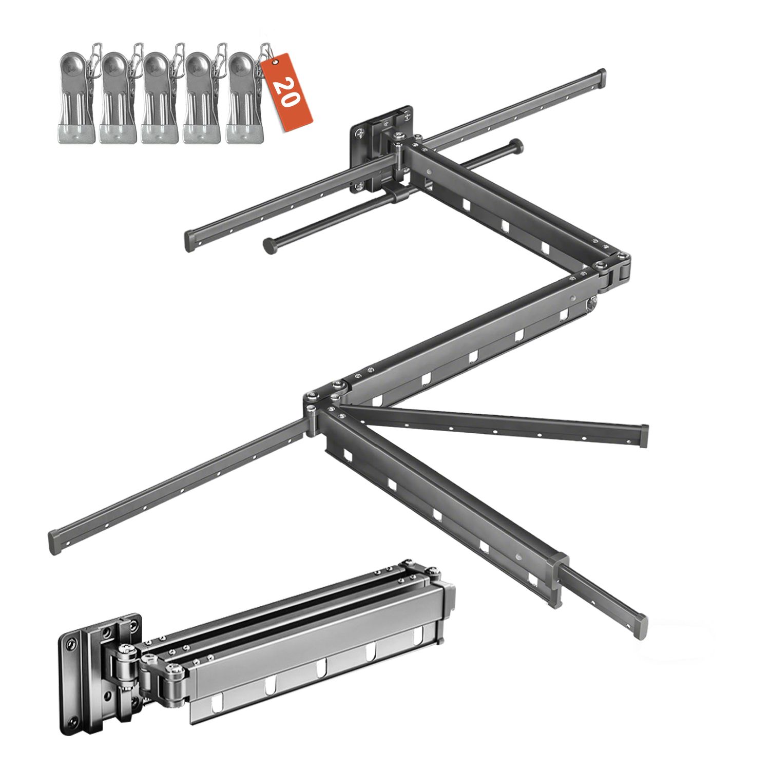 Upgrade Wall-Mounted Drying Rack, 66lbs Capacity Wall Drying Rack , Foldable Clothes Rod with 20 Clips, Space-Saving Design for Balcony/Bathroom/RV/Patio, 7 Folding Rods, Space Aluminum Material