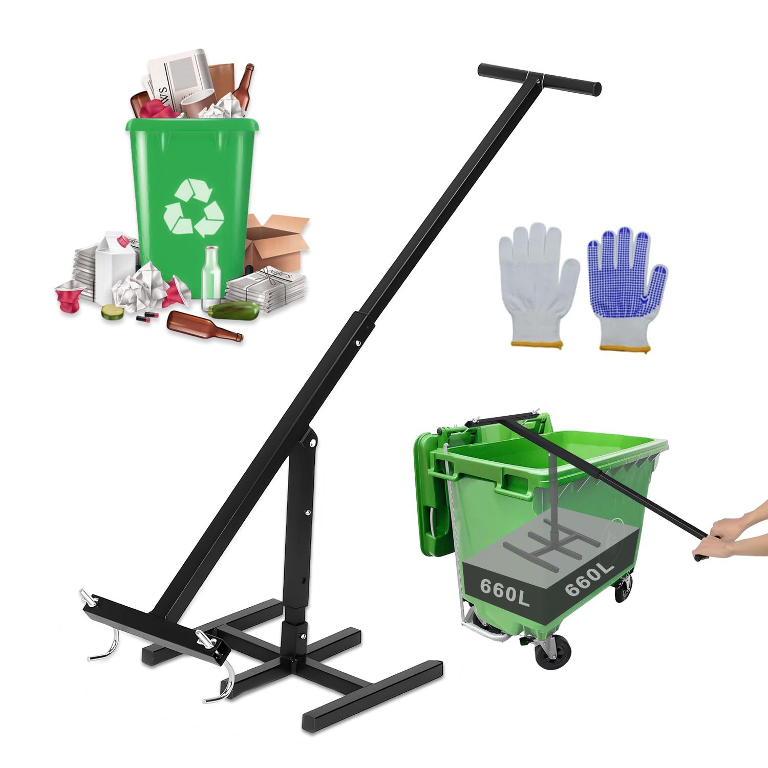 Manual Trash Compactor, Outdoor Garbage Can Compactor, Touchless Bin Compactor, Trash Bin Compactor with Adjustable Iron Handle and 2 Hooks for 120-660L Wheelie Bins