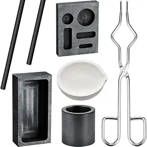 7 Pieces Graphite Torch Melting Casting Kit, Including Stainless Steel Tong, 5-in-1 Graphite Casting Ingot Mould, Quartz Crucible, Cylindrical Crucible, 2 Copper Ingot Mold Stir Rod for Melting Metal
