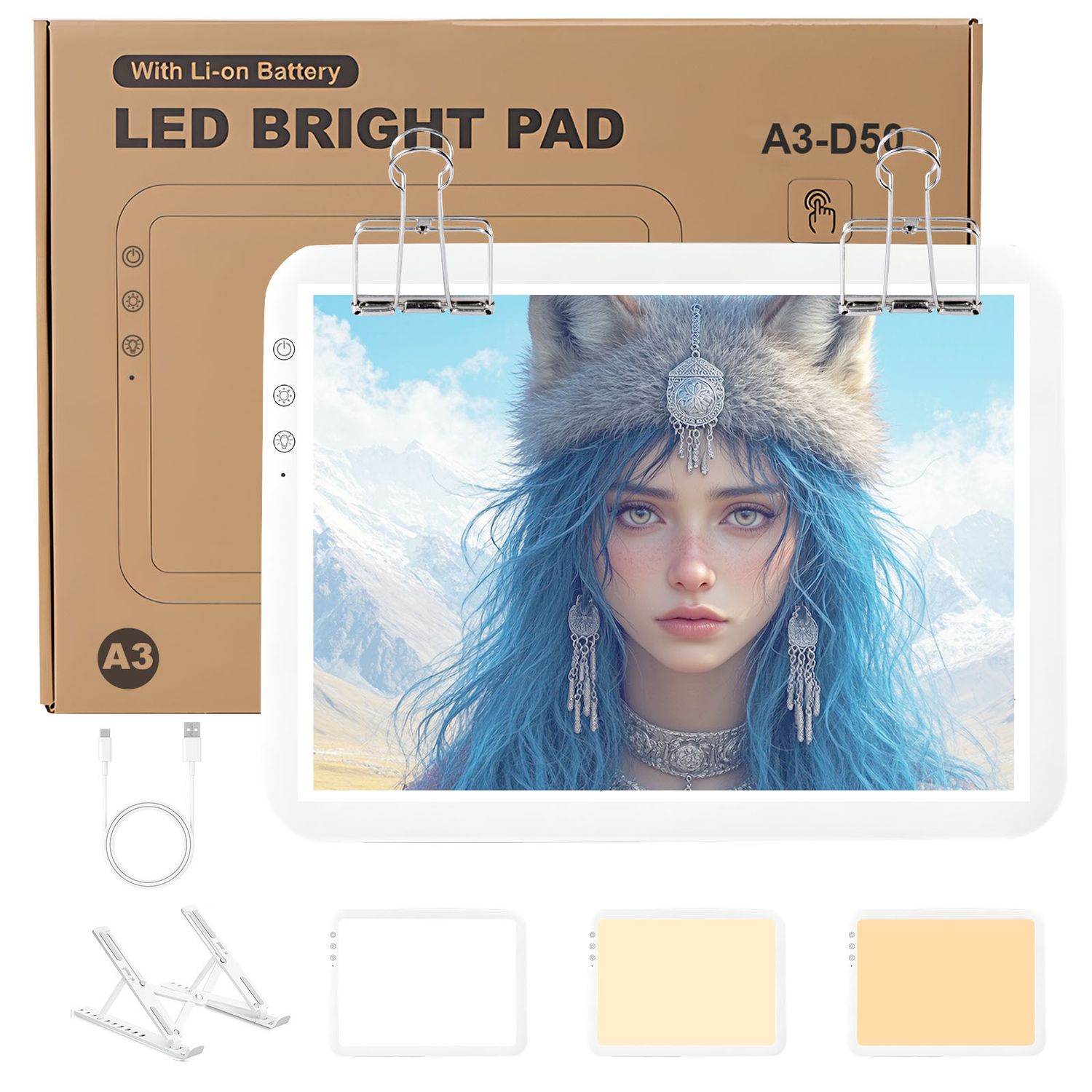 A3 Light Pad for Diamond Painting, Tracing Light Box Rechargeable, Diamond Art Light Board with Stand and Clip, 3 Colors and 6-Level Brightness for Artists, Drawing, Sketching, Animation