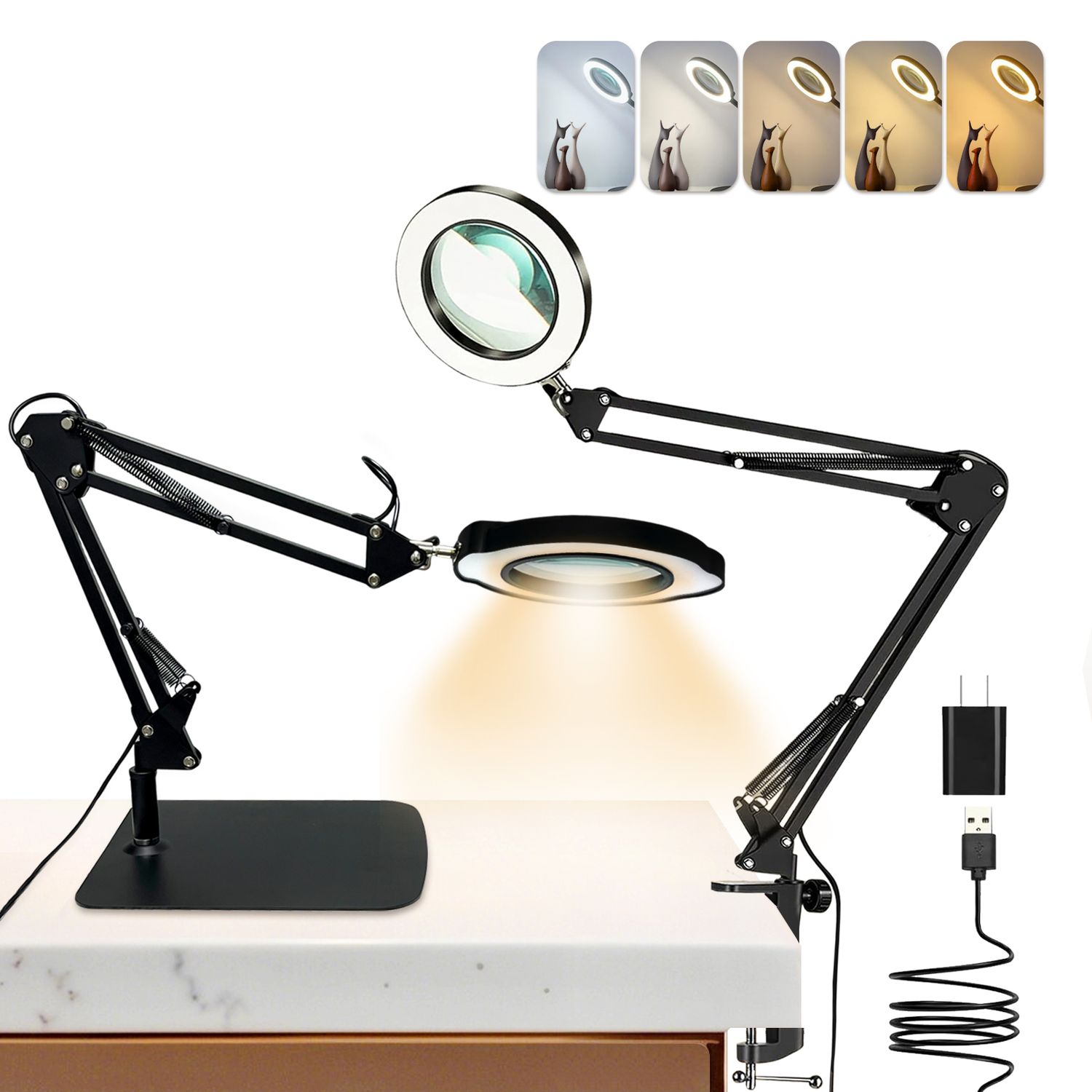 Magnifying Glass with Light and Stand, 10X Magnifying Desk Lamp, Adjustable Magnifying Lamp, 84 LED, 5 Color Modes Stepless Dimmable for Craft, Reading, Painting, Sewing, Solder