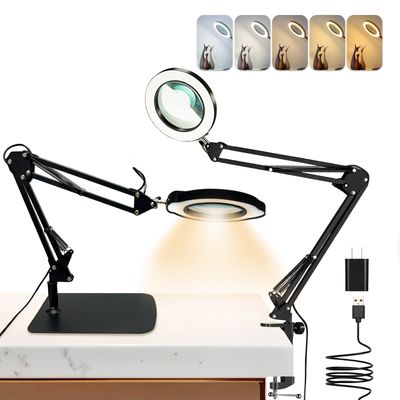 Magnifying Glass with Light and Stand, 10X Magnifying Desk Lamp, Adjustable Magnifying Lamp, 84 LED, 5 Color Modes Stepless Dimmable for Craft, Reading, Painting, Sewing, Solder