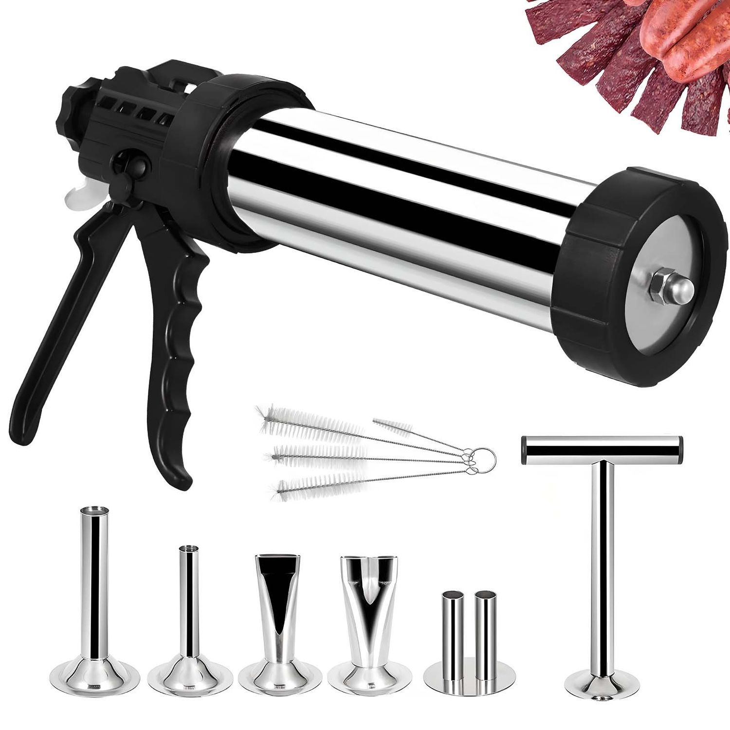Jerky Gun Kit, 1.5 LB Jerky Gun Stainless Steel, Sausage Stuffer Gun, Beef Jerky Shooter, Jerky Maker Kit with 5 Nozzles and 5 Cleaning Brushes, Gifts for Women Men