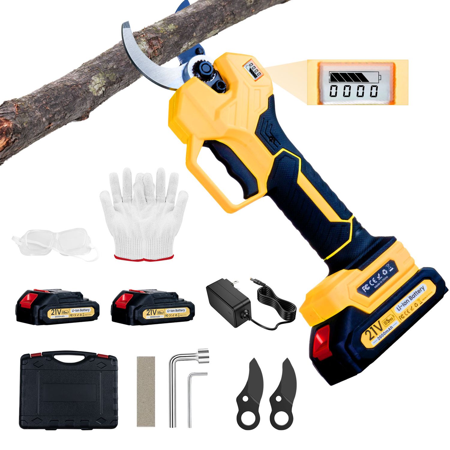 Electric Pruning Shears Cordless, Portable Pruning Shears, Tree Branch Cutting Scissors, 1.6 Inch Cutting Diameter with 2*21V 2.0Ah Battery, SK5 Blade &amp; LED Display for Tree, Branch and Grass Trimming