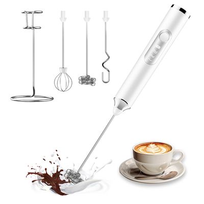 Electric Coffee Stirrers, 3 Heads Rechargeable Handheld Milk Frother Drink Mixer with Stand, 3 Speed Adjustable Coffee Frother Wand, Electric Whisk for Latte Cappuccino Powder Drinks-White