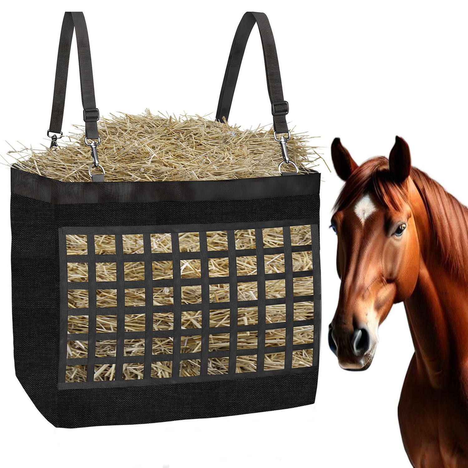 Slow Feeder Hay Bag, Waterproof Horse Hay Bag, Heavy Duty Oxford Slow Equine Forage Feeder with Adjustable Strap &amp; Hook, Large Opening for Goats, Sheep, Donkeys