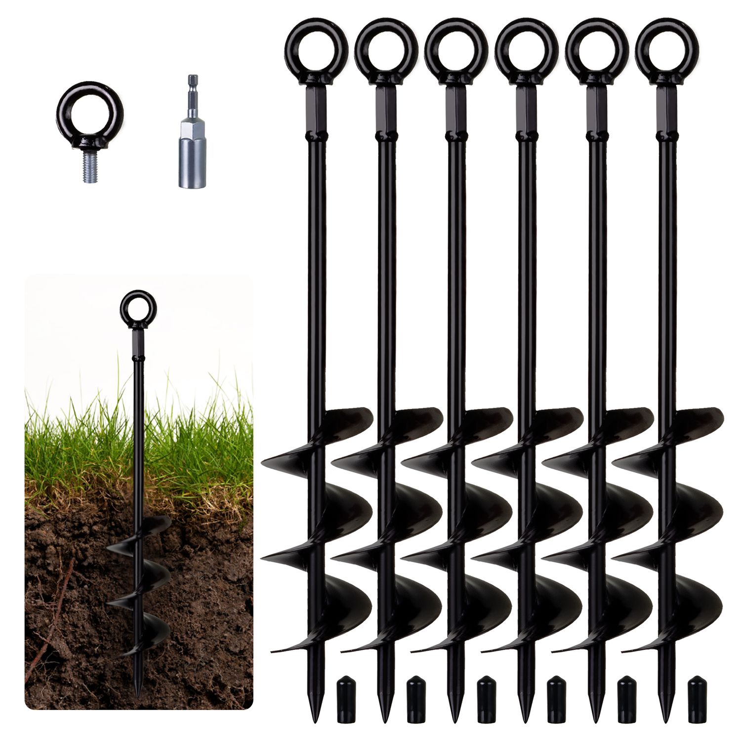 Ground Anchors Heavy Duty, 18inch Tent Stakes, Trampoline Stakes with Drill, Mental Fully Welded Earth Anchors Kit for Camping and Swing, Screw in, Pack of 6