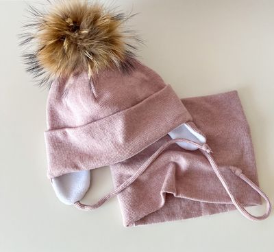 Set Iarna Angora cu Pompon Raton Detasabil Pudra