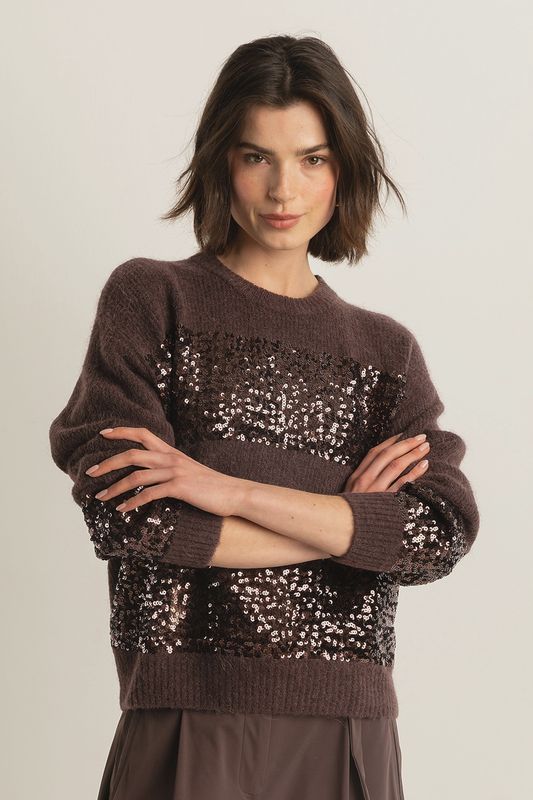 Expresso Trui met pailletten bruin