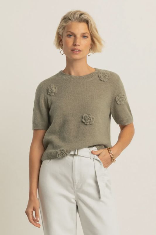 Expresso Trui met bloemapplicaties olijf