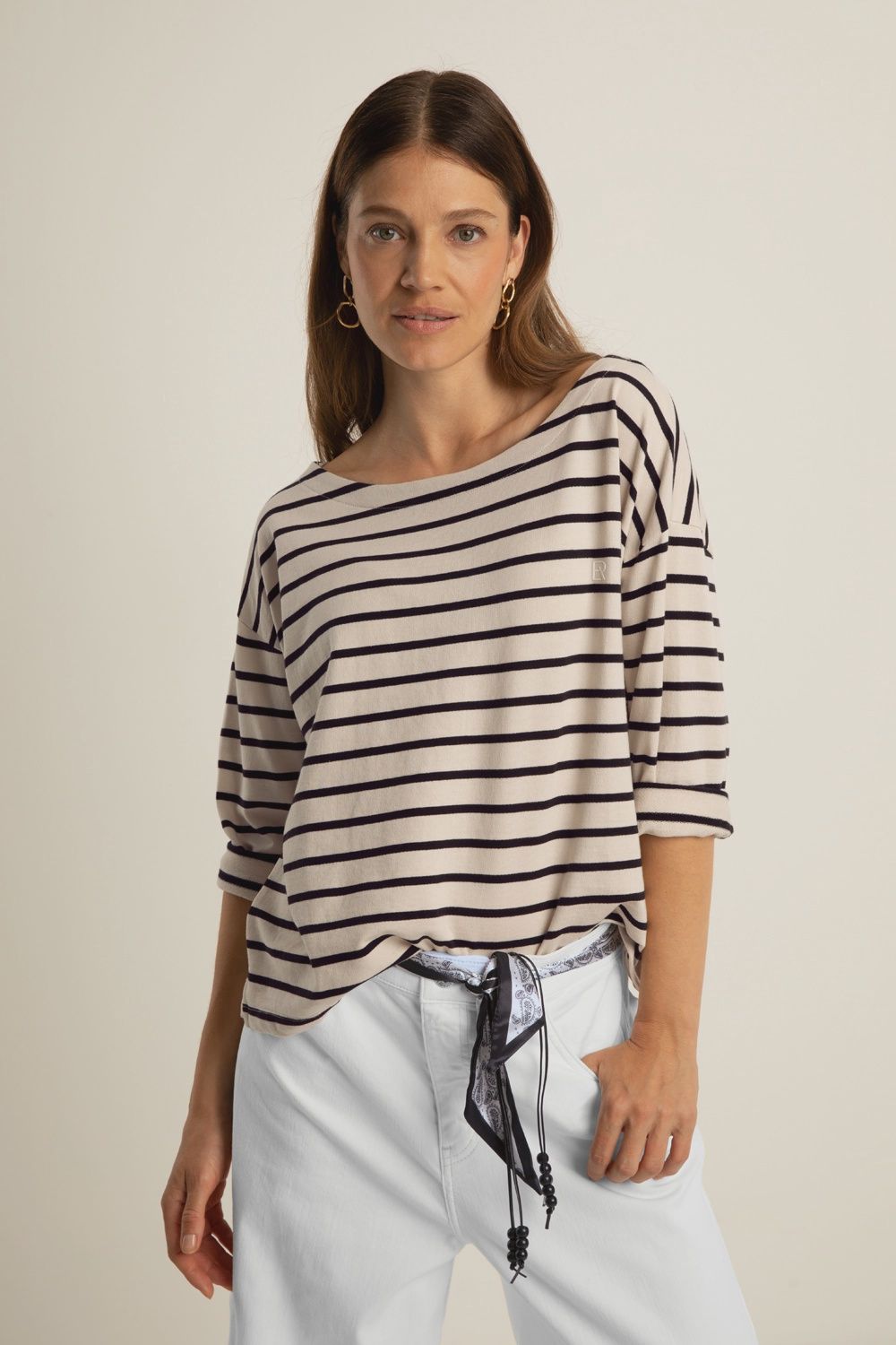 Expresso top stripe 3/4 mouw zand/blauw