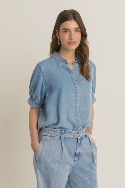 Expresso Blouse denim met pofmouwen