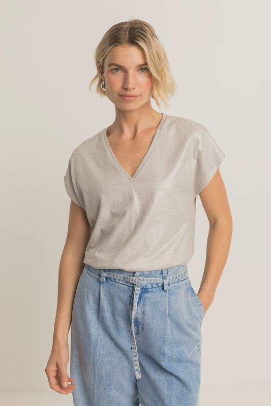 Expresso Glanzende top met V-hals zilver grijs