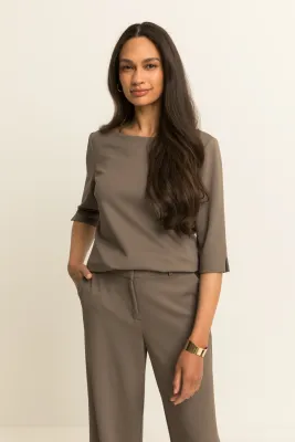 Expresso Top travel twill 3/4 mouw brown