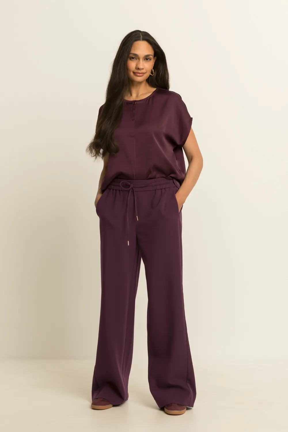 Expresso Wide leg pantalon met bies en koord bordeaux