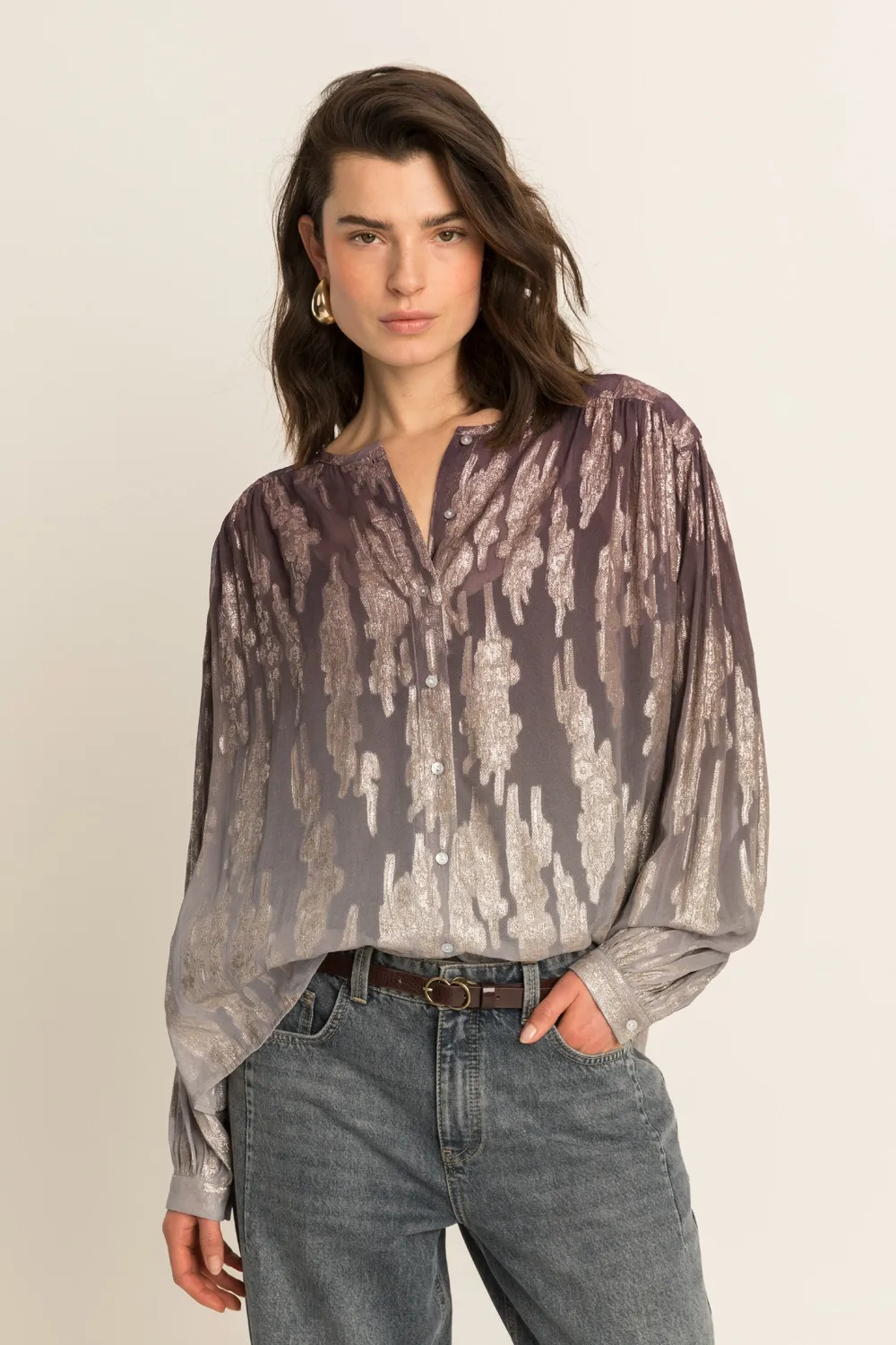 Expresso Blouse met metallic print dove grey