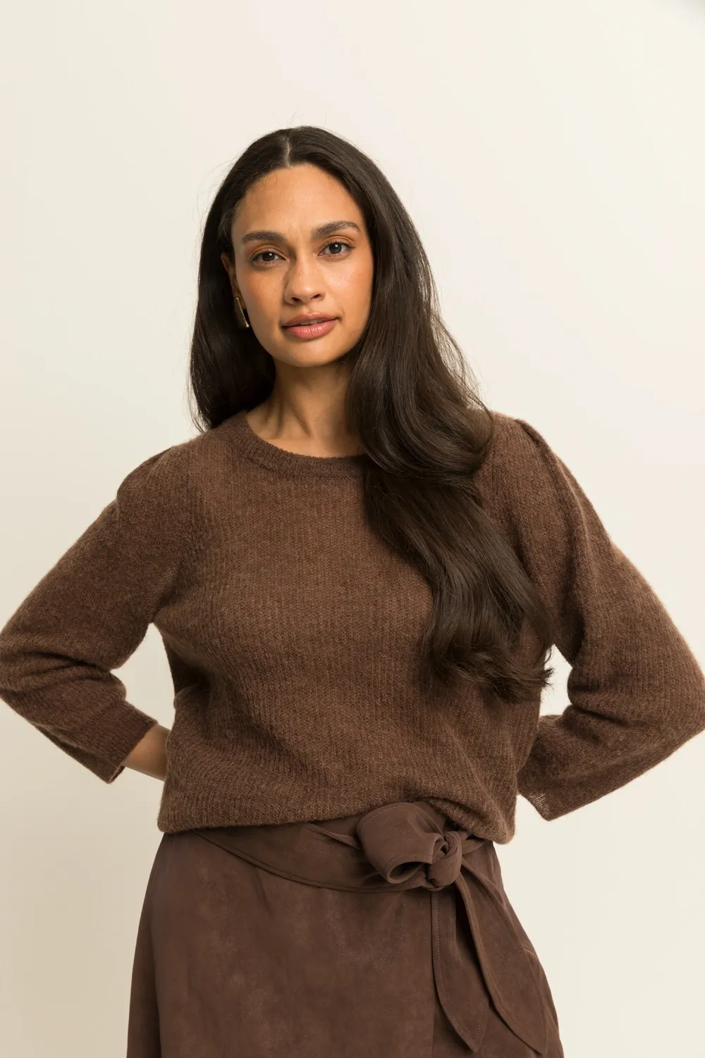 Expresso Fijngebreide trui ronde hals bruin