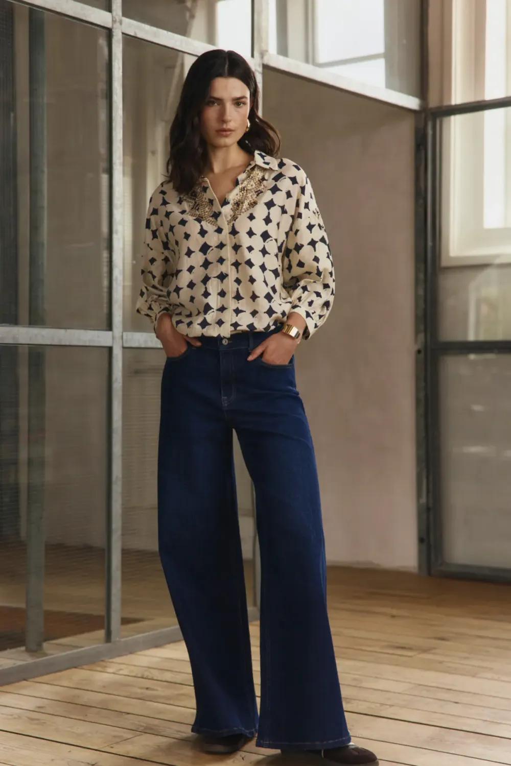 Expresso Blouse met donkerblauwe print
