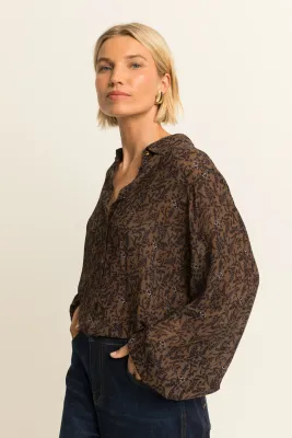 Expresso Blouse met botanische print midden bruin