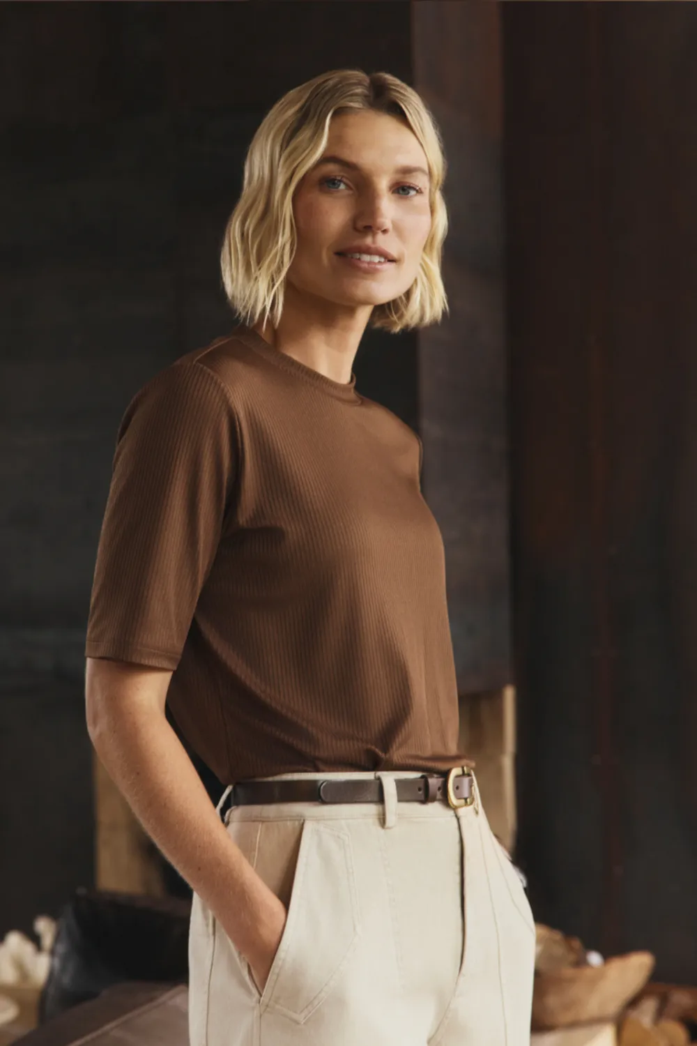Expresso Top korte mouw metallic bruin