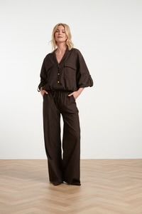 Smashed Lemon Donkerbruine broek met krijtstreep en elastische tailleband dark brown