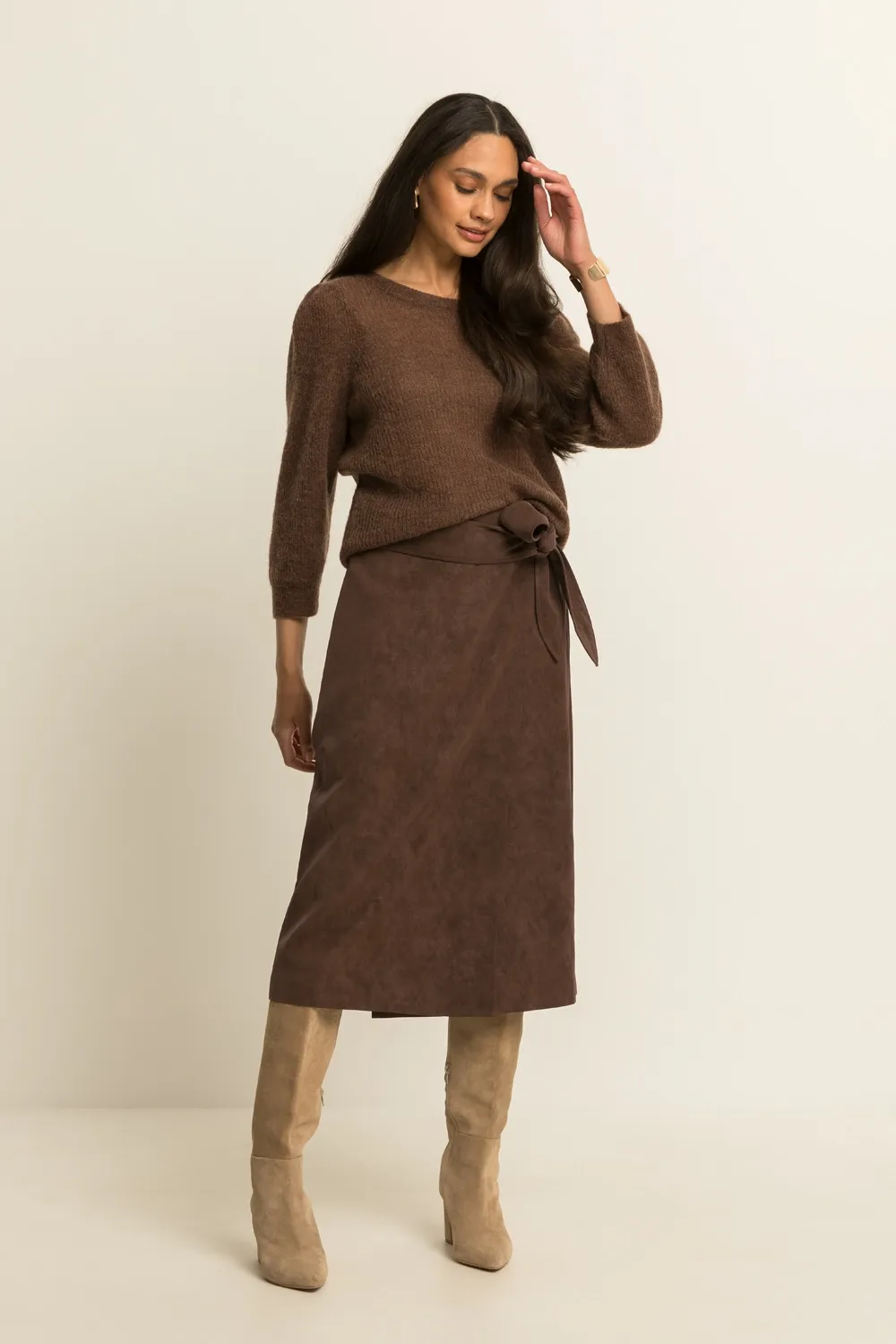 Expresso Rok midi met strikceintuur bruin