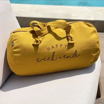 Duffeltas &quot;Happy weekend&quot;, mosterdgeel