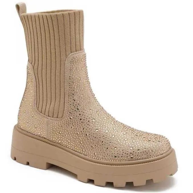 Plat enkellaarsje met strass, beige