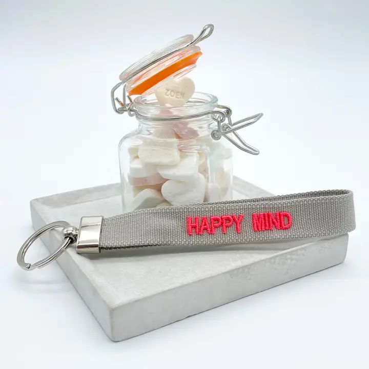 Sleutelhanger, Happy mind, grijs/fuchia