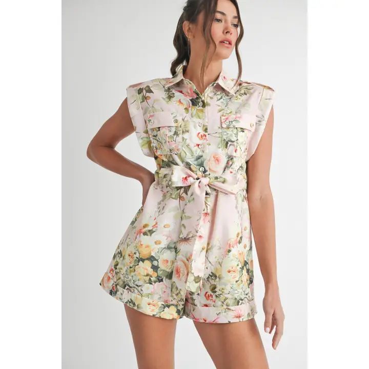 Korte jumpsuit, bloemenprint, poederroze